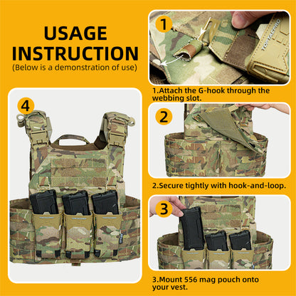 TOPTACPRO Tactical Triple 556 Magazine Pouch with G-Hook for Plate Carrier Front Panel 8538